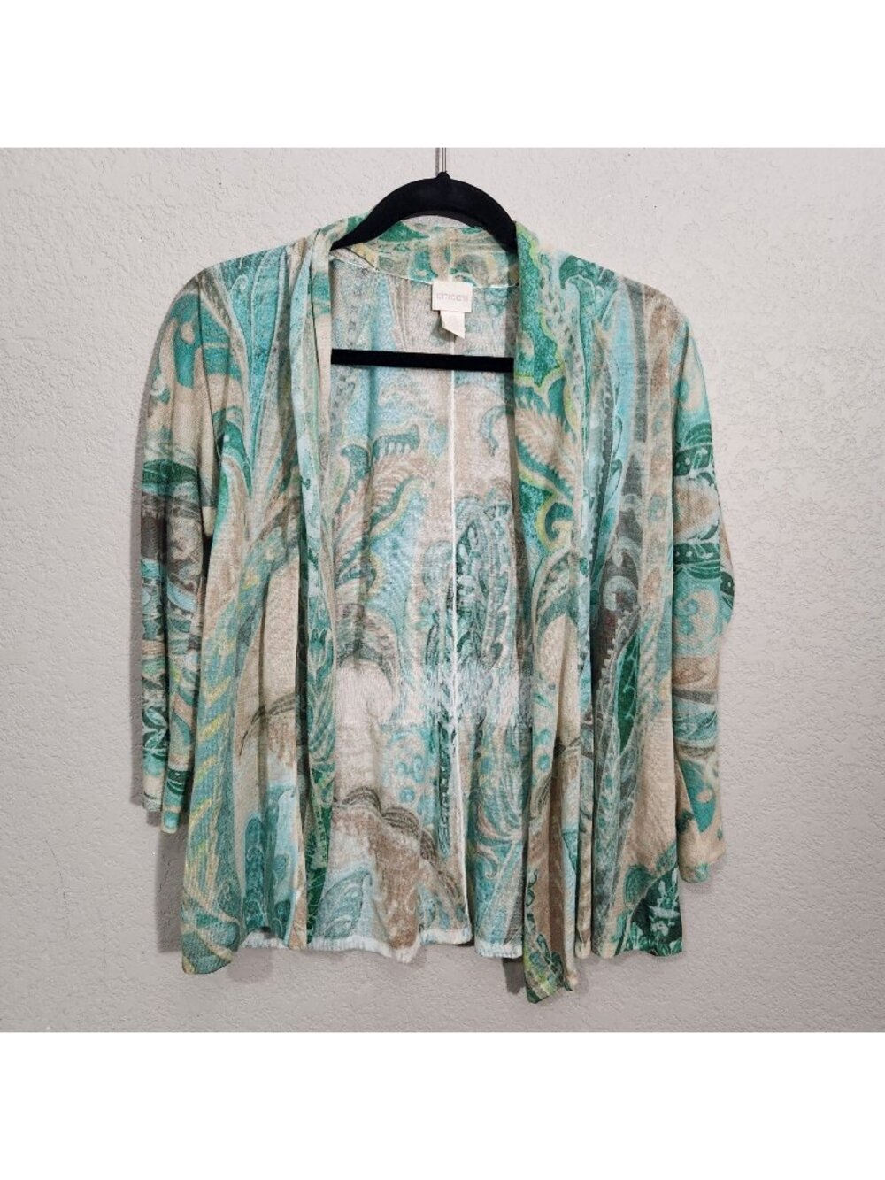Chicos Cardigan Womens Size 0 Small Abstract Paisley Beige Green